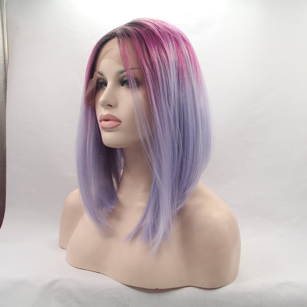 14 inches pink ombre purple natural straight synthetic lace front wigs