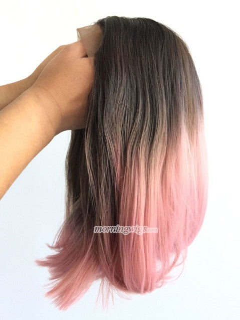 12 inches black pink ombre straight synthetic wig