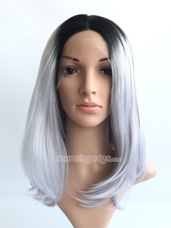12 inches black ombre gray straight ynthetic lace front wig