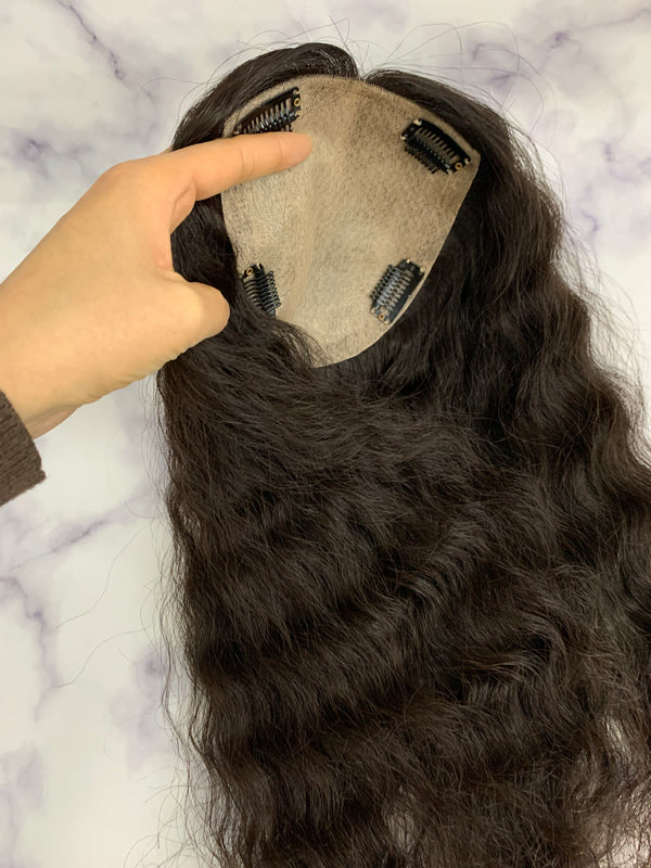 12*13cm (4.7*5.1" inch) full silk based hair topper. Curly style.Black and dark brown color. 10A grade human remy hair toppers.