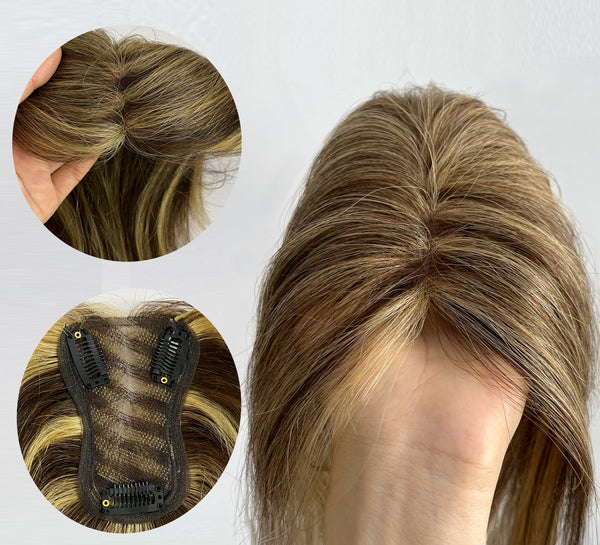 Natural realistic breathable bottom mesh 4/27 human hair topper for women with thinning hair 10 inch hair loss cover add hair volume upgrade