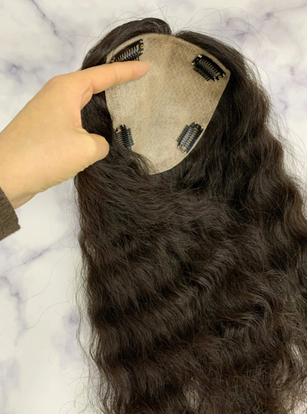 Customized 17*22cm full silk based with 6 clips Natural wave 110% density Natural black