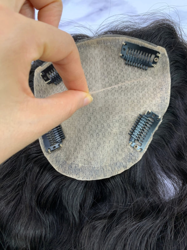 Customized 17*22cm full silk based with 6 clips Natural wave 110% density Natural black