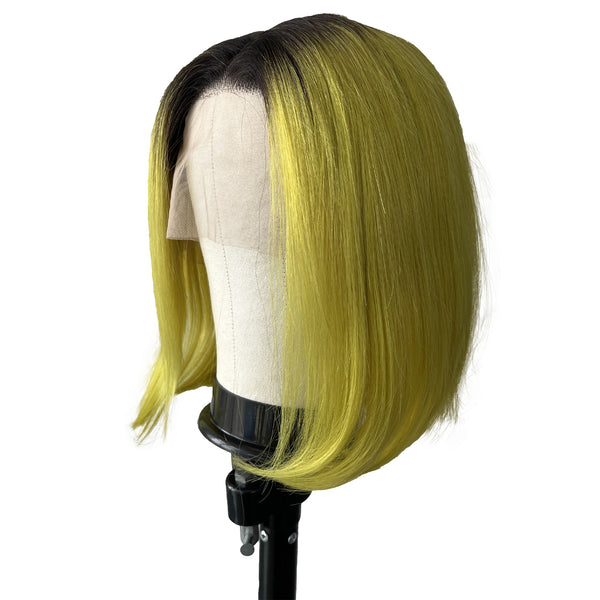 12 Inches Human Hair Lace Front Wigs, Black ombre Yellow color Short Bob wigs for women