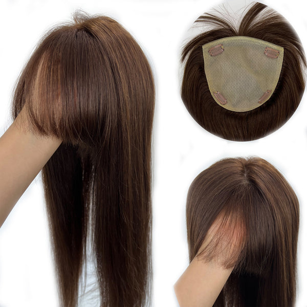 Big size 16x16cm human hair toppers with bangs ,free part full silk based human hair toppers for most of hair loss .heavy hair topper.