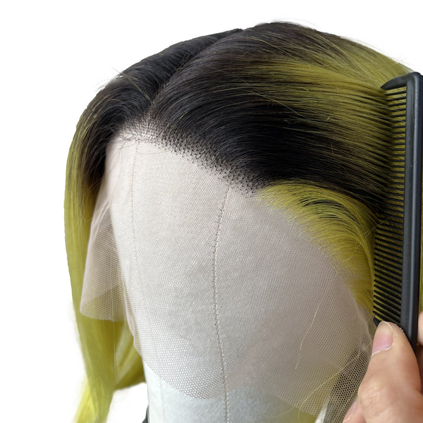 12 Inches Human Hair Lace Front Wigs, Black ombre Yellow color Short Bob wigs for women