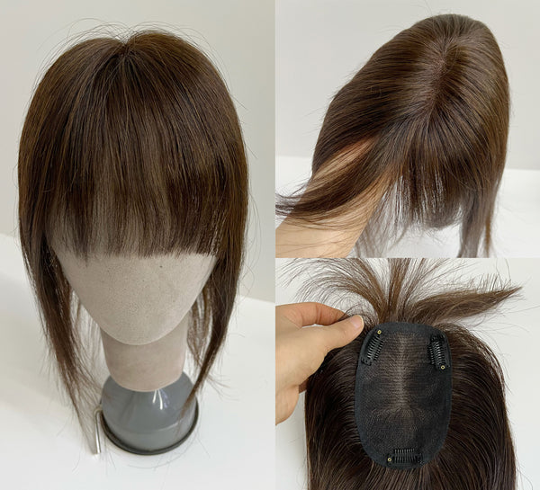 9x14cm Breathable lace toppers brown color human hair topper with bang for women thin hair or short hair