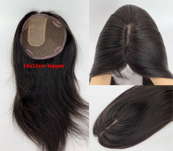 14x15cm Black color human hair topper,14inch hair topper with clips for thin hair or hair loss