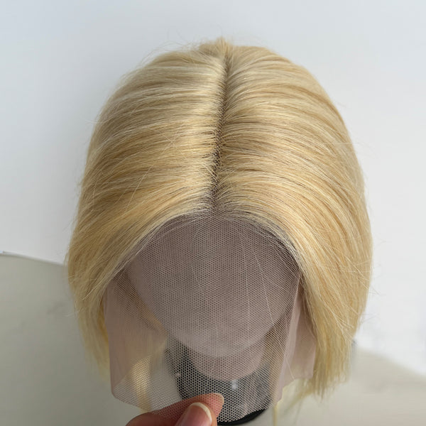 12 Inches Human Hair Lace Front Wigs, T Shape White color Short Bob wigs for women