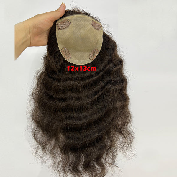 12x13cm Curly Human Hair Topper,Free part 20inch dark brown color hair piece with clips for thin hair or hair loss Inactive