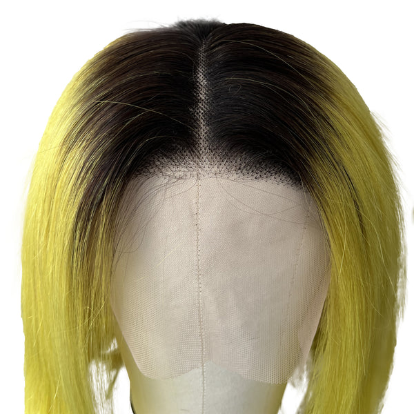 12 Inches Human Hair Lace Front Wigs, Black ombre Yellow color Short Bob wigs for women