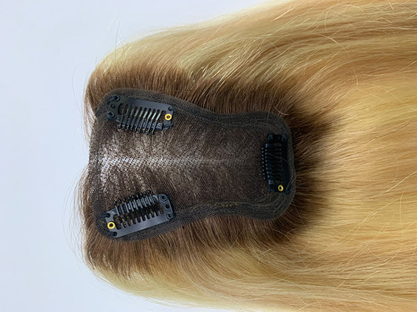 16/613# middle brown ombre blonde color human hair toppers for women thin hair, breathable and invisible Swiss lace made, wearless to wear