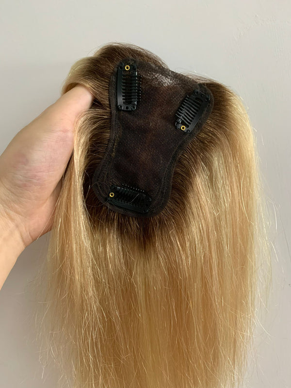 16/613# middle brown ombre blonde color human hair toppers for women thin hair, breathable and invisible Swiss lace made, wearless to wear