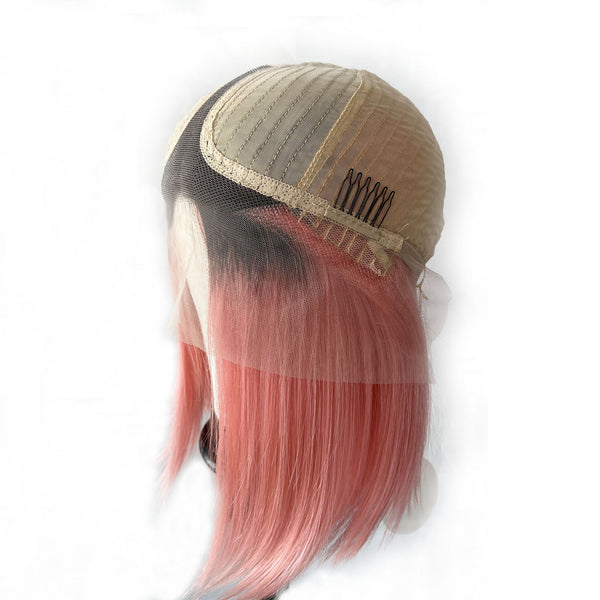 12 Inches Human Hair Lace Front Wigs, Black ombre Pink color Short Bob wigs for women