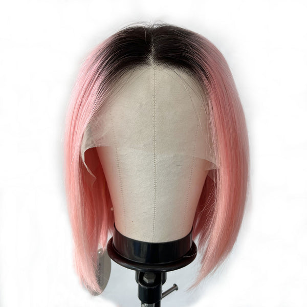 12 Inches Human Hair Lace Front Wigs, Black ombre Pink color Short Bob wigs for women