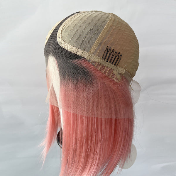 12 Inches Human Hair Lace Front Wigs, Black ombre Pink color Short Bob wigs for women