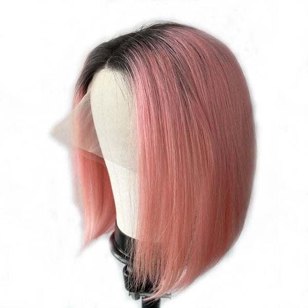 12 Inches Human Hair Lace Front Wigs, Black ombre Pink color Short Bob wigs for women