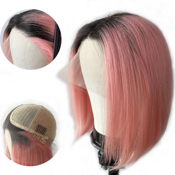12 Inches Human Hair Lace Front Wigs, Black ombre Pink color Short Bob wigs for women