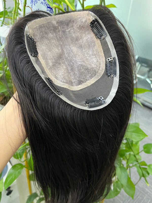 14x15.5cm Human Hair Topper for thinning hair , silk based topper with breathable lace around the side ,black color