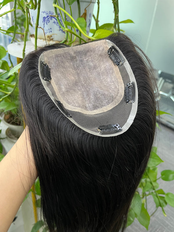 14x15.5cm Human Hair Topper for thinning hair , silk based topper with breathable lace around the side ,black color