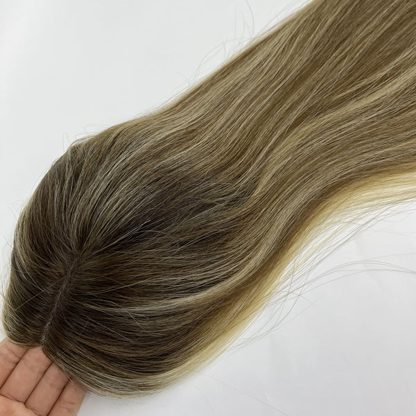 Long straight 5*6.5" middle brown ombre blonde mix color breathable lace human hair topper for women thin hair or hair loss<br data-mce-fragment="1">