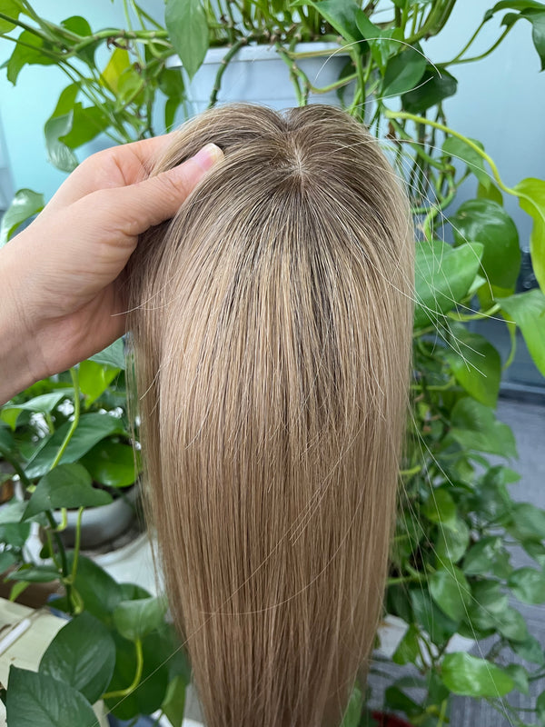 Dark brown root ombre Light Blonde color toppers 3x5 inch silk based Human Hair Topper for Thinning Hair Or Hair Loss women gift