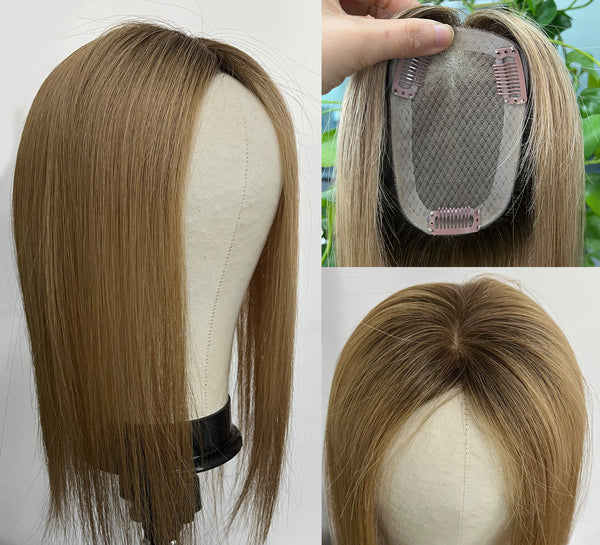 Dark brown root ombre Light Blonde color toppers 3x5 inch silk based Human Hair Topper for Thinning Hair Or Hair Loss women gift