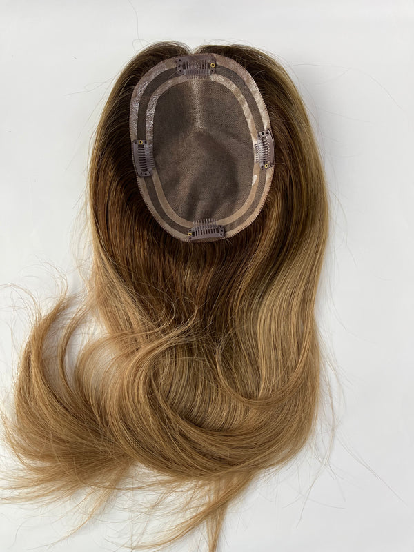 16" length 5x6.5" topper size, Breathable lace human hair topper for women, brown ombre blonde color toppers for thin hair or hair loss