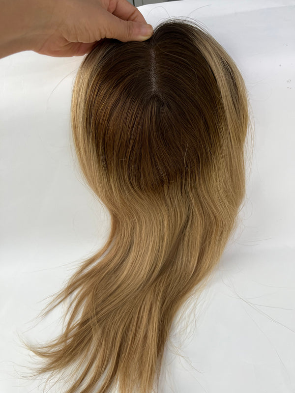 16" length 5x6.5" topper size, Breathable lace human hair topper for women, brown ombre blonde color toppers for thin hair or hair loss