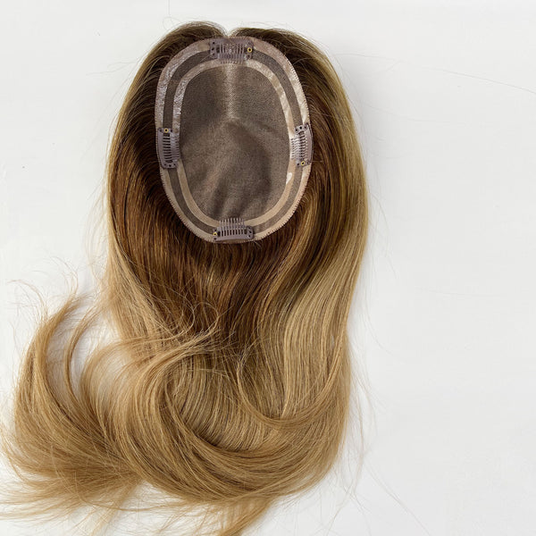 16" length 5x6.5" topper size, Breathable lace human hair topper for women, brown ombre blonde color toppers for thin hair or hair loss