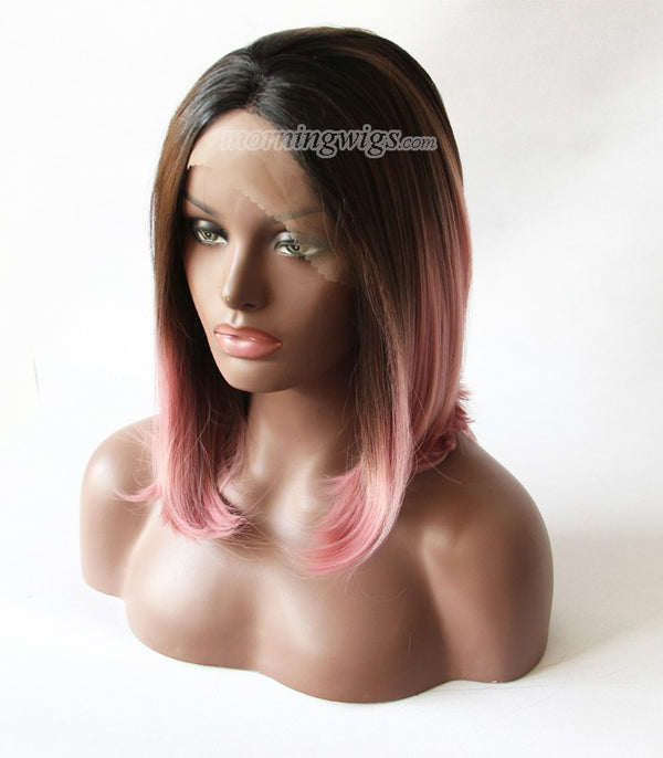 14 inches black ombre pink straight lace front wigs
