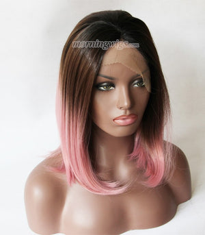 14 inches black ombre pink straight lace front wigs