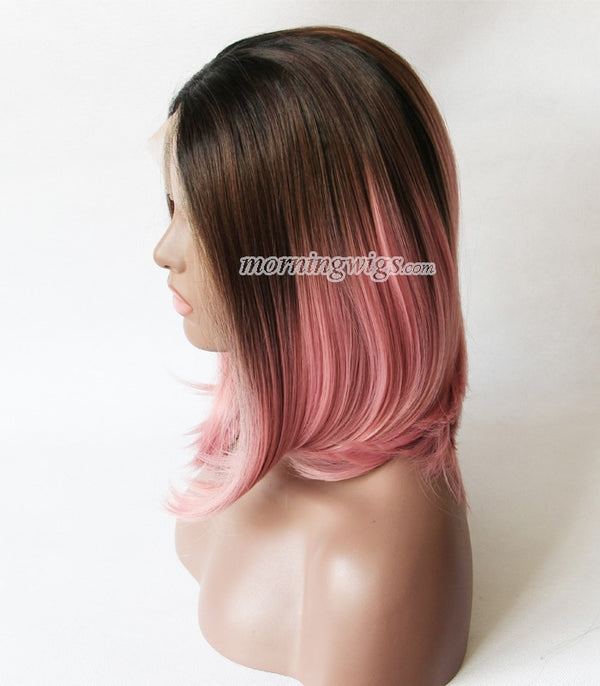 14 inches black ombre pink straight lace front wigs