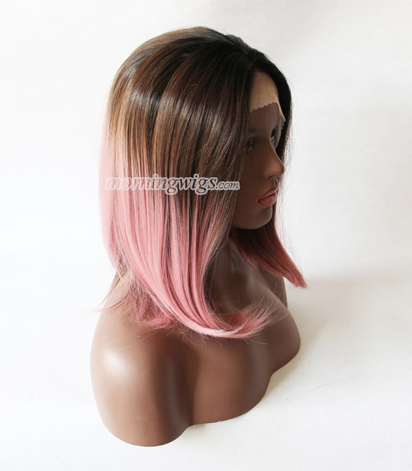 14 inches black ombre pink straight lace front wigs
