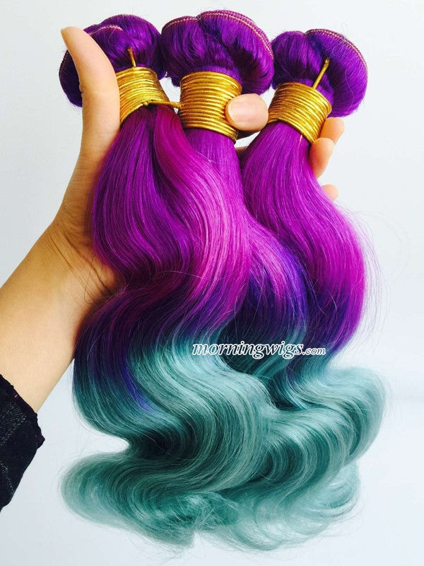 12 inches body wave purple-green hair bundles