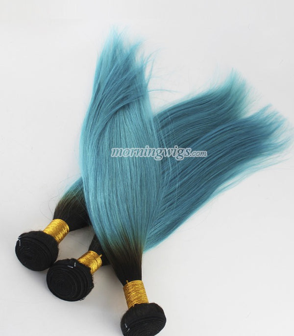 14 inch black ombre green straight human hair bundles