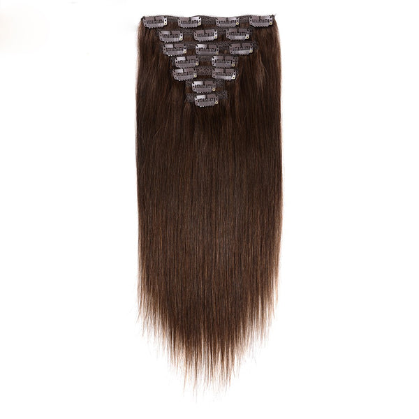 14 inches straight brown remy human hair clips in extensions