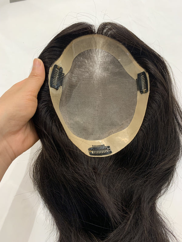 18-20cm topper size by glue. Customized topper link. 14" picture length. 150% density.Middle part. Black color topper for women.