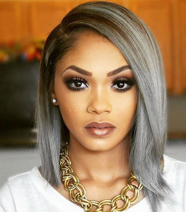 12 inches grey black bob lace front synthetic wigs