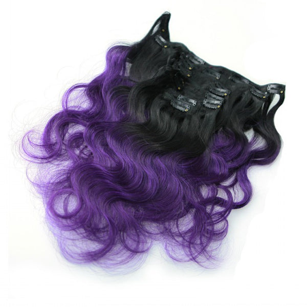 16 inches Purple Ombre Clip In Hair Extensions 8Pcs Set 100g Black to Purple Brazilian Human Hair