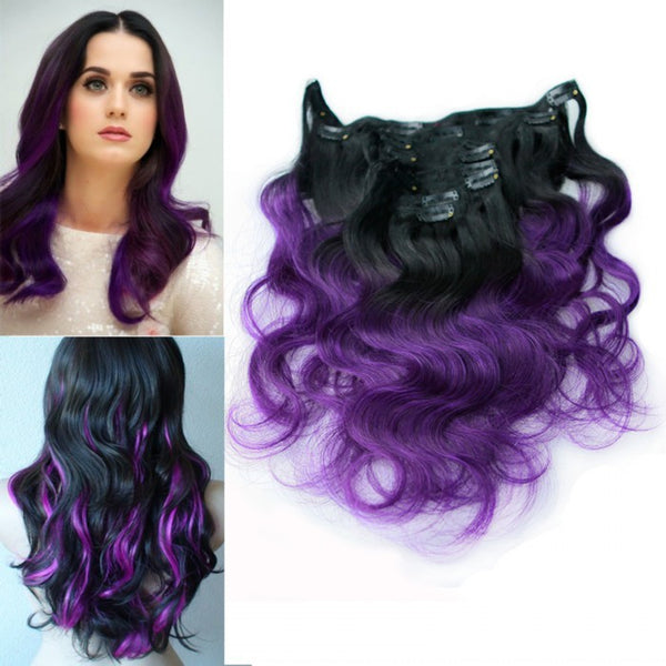 16 inches Purple Ombre Clip In Hair Extensions 8Pcs Set 100g Black to Purple Brazilian Human Hair