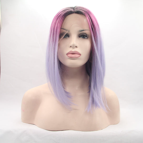 14 inches pink ombre purple natural straight synthetic lace front wigs