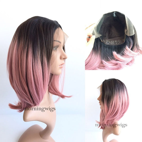 12 inches black pink ombre straight synthetic wig