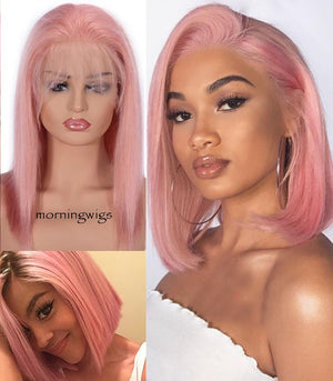 100% Brazilian human hair lace straight pink wigs for women