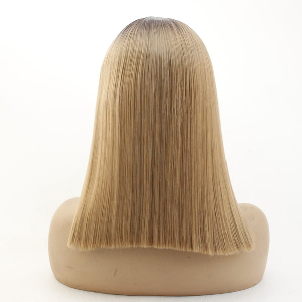 14 inches black ombre brown straight synthetic lace front wig