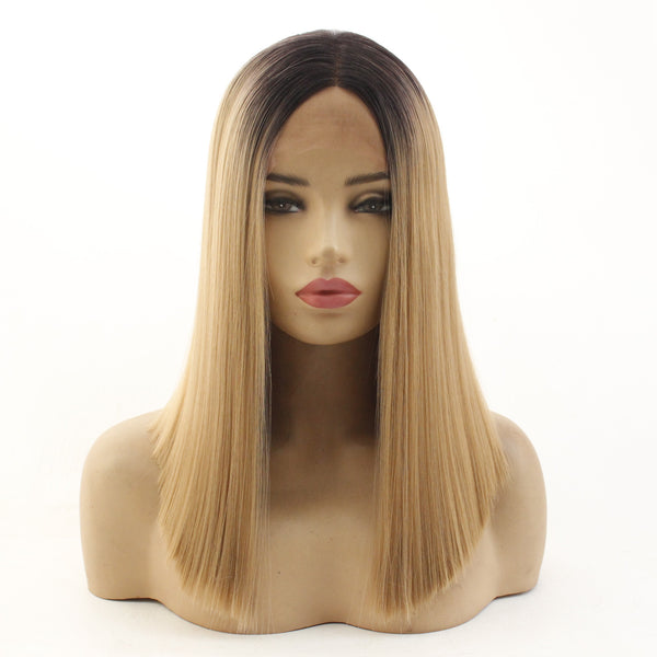 14 inches black ombre brown straight synthetic lace front wig