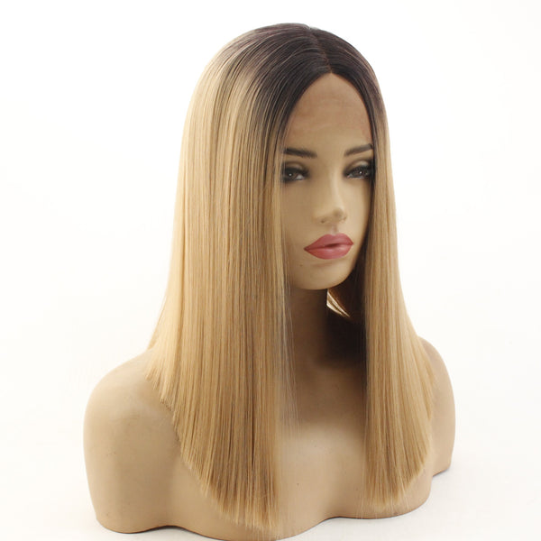 14 inches black ombre brown straight synthetic lace front wig