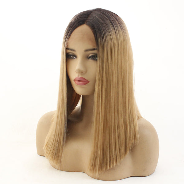 14 inches black ombre brown straight synthetic lace front wig