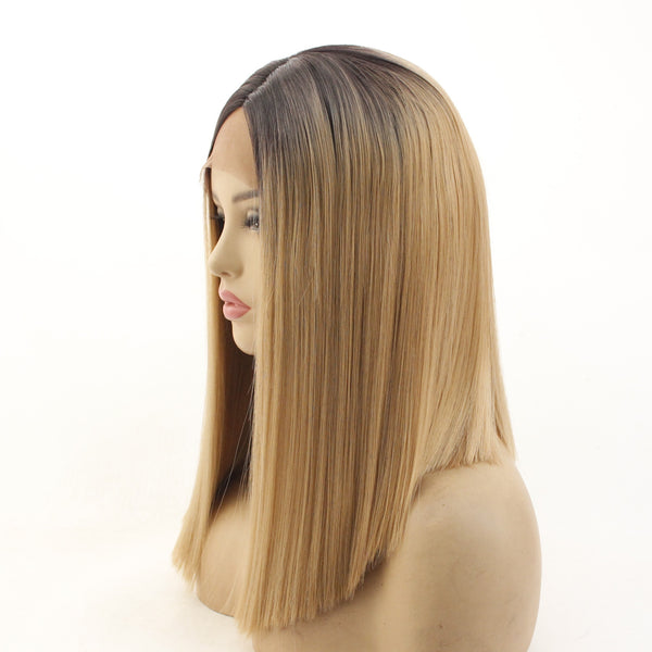 14 inches black ombre brown straight synthetic lace front wig