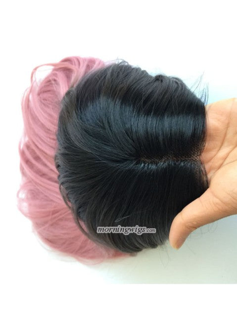 12 inches black pink ombre straight synthetic wig